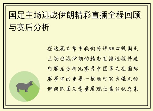 国足主场迎战伊朗精彩直播全程回顾与赛后分析